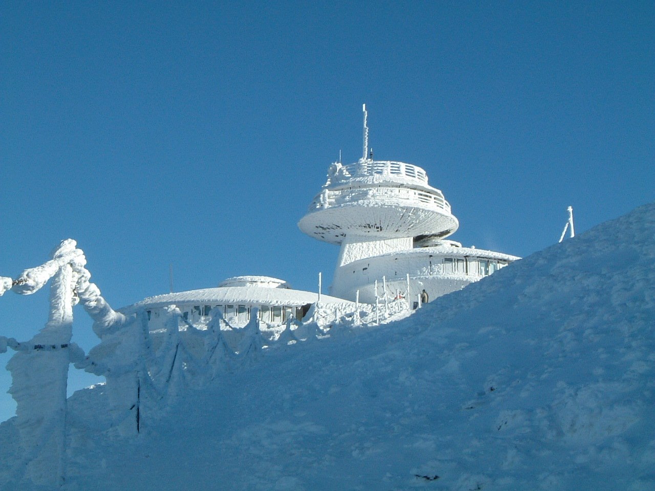 Het met ijs bedekte meteorologisch observatorium op de top van de Śnieżka