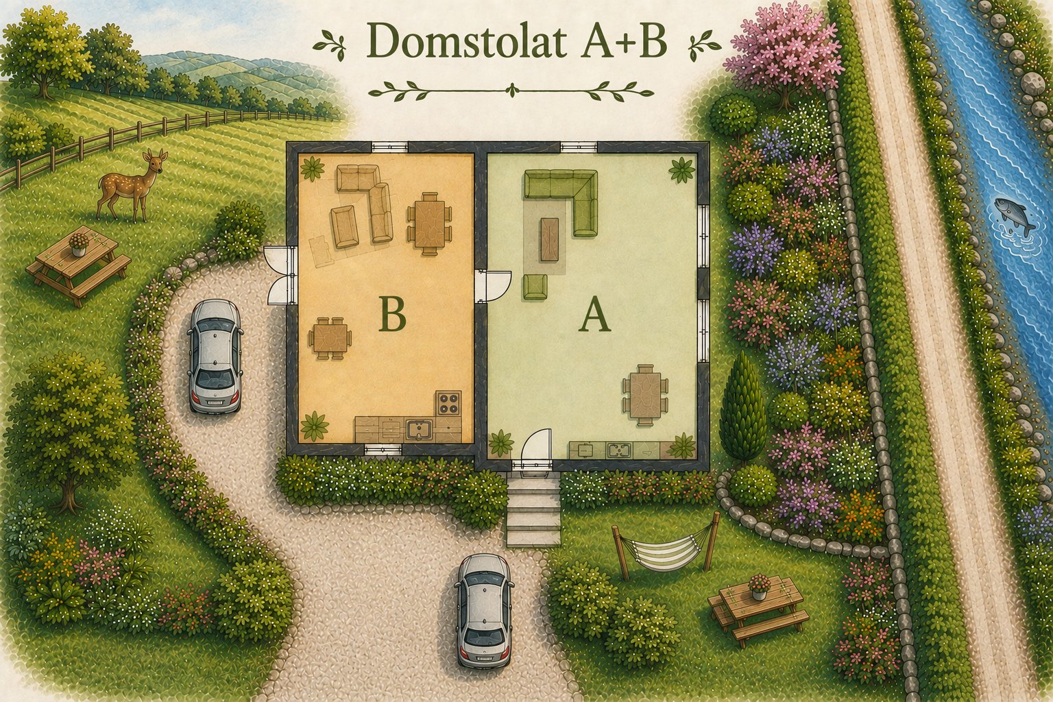 Floor plan of Domstolat: House A River View and House B Country View