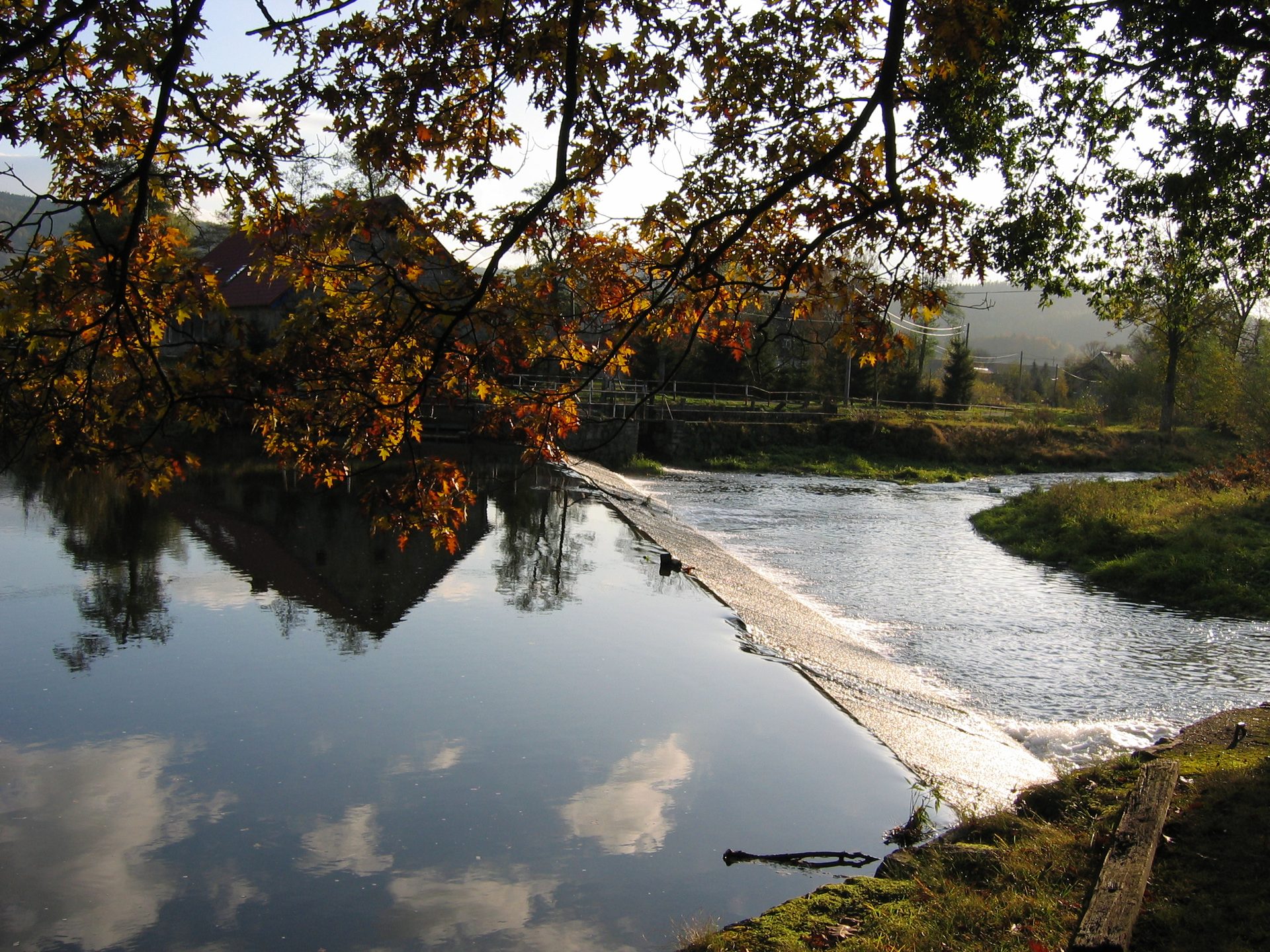 Autumn leaves above the weir on the River Bóbr